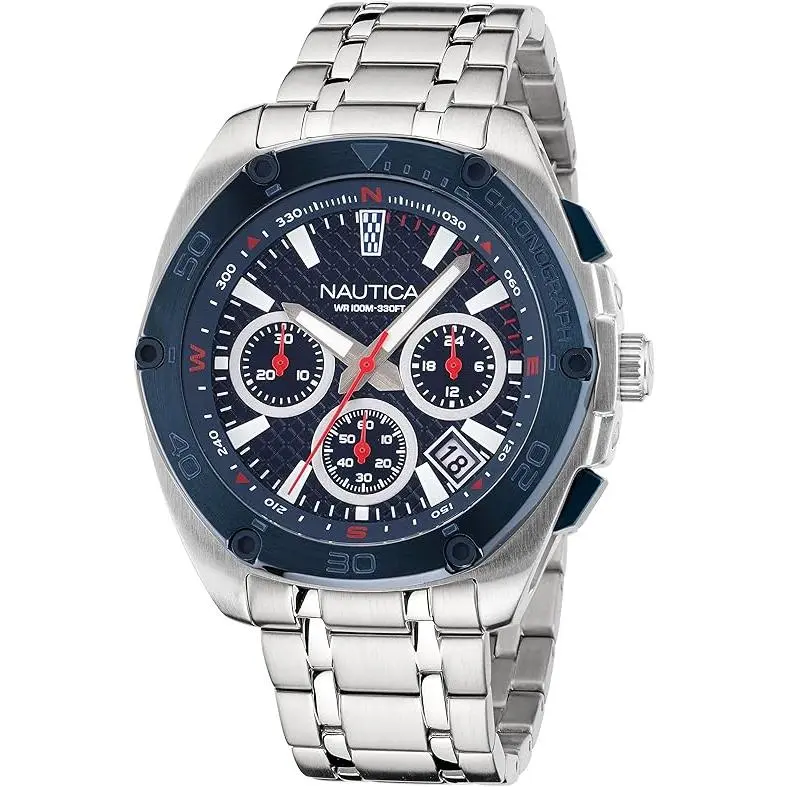 Nautica Men's Tin Can Bay Nautical Watch Box Set, 3-Dial Chronograph with Glow Hands, Recycled Steel & Silicone Straps, Nautical Wrist Watches, Box-Packed Wrist Watches, Recycled Stainless Steel Wrist Watches