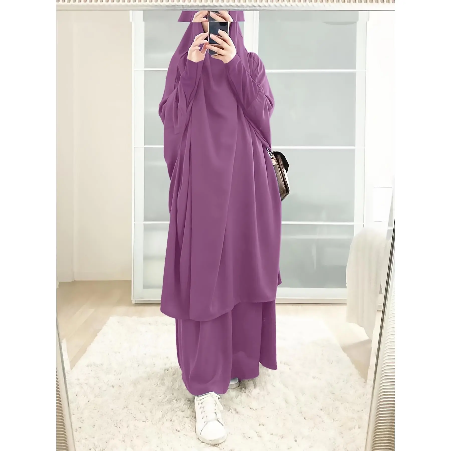 Ramadan Solid Color Two-piece Set, Batwing Sleeve Hijab Dress & Wide Leg Pants Outfits, Women's Clothing