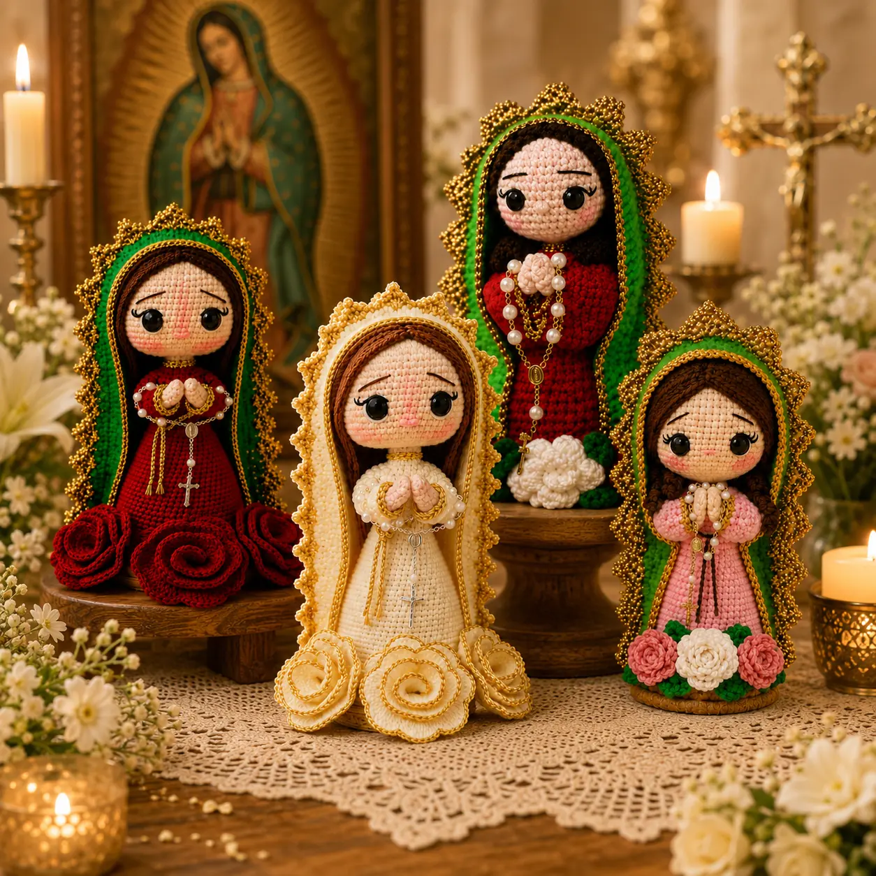 Handmade Crochet Virgin Mary Doll Set, Catholic Prayer Room Decor, Our Lady Religious Gift for Mom, 20cm Ready to Gift