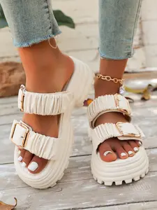 Vintage Adjustable Buckle Open-Toe Sandals, Wedge Sandals, Zigzag Sole Waterproof Thick Bottom, Summer Outdoor Beach Shoes, Retro Style Flip Flops