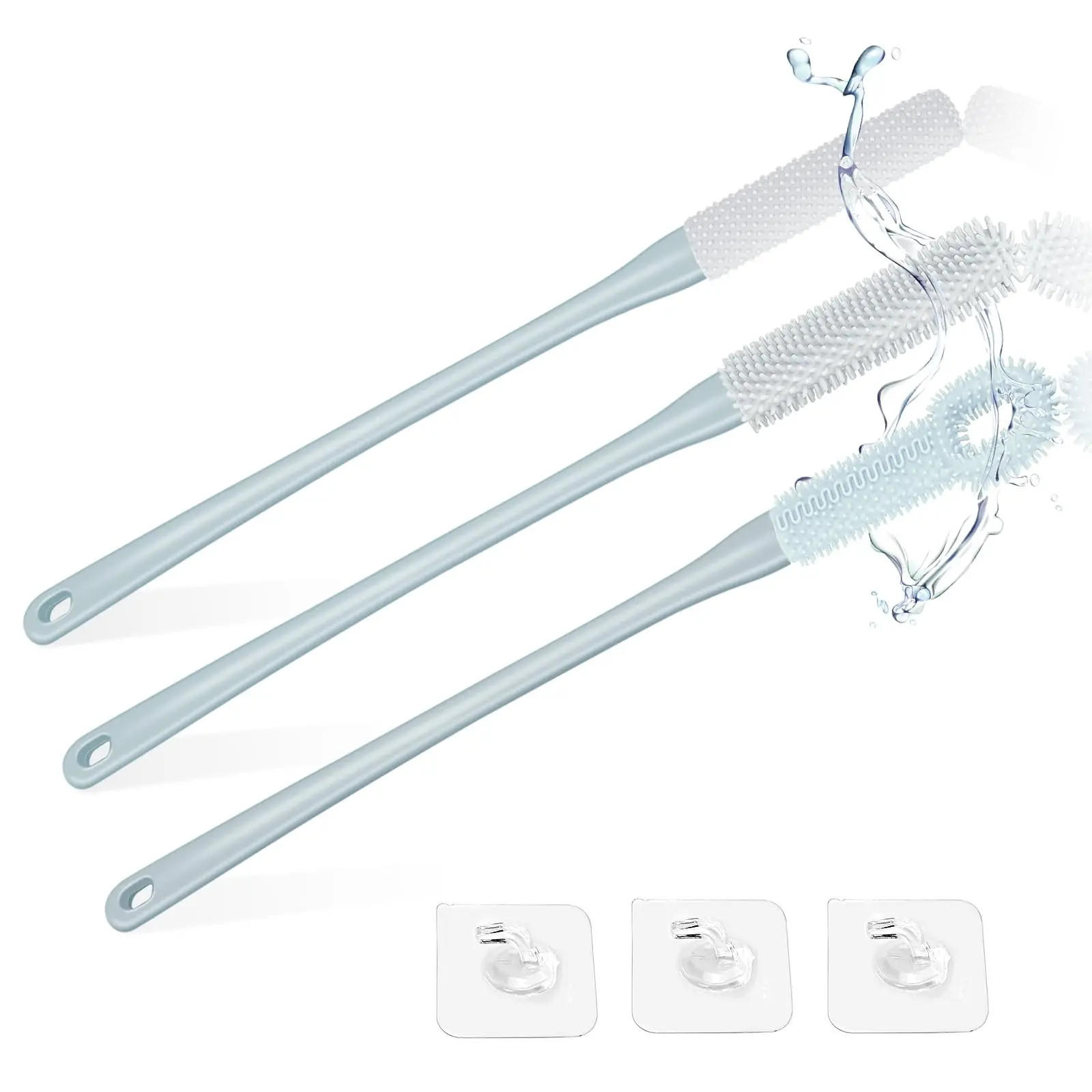 3-Pack Silicone Shower Foot Scrubber with 15.7" Long Handle, Soft Exfoliating Feet Cleaner & Bath Brush Set