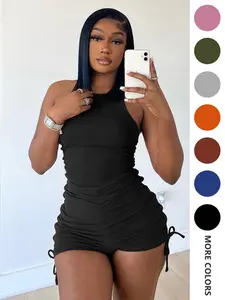 Women's Solid Ruched Drawstring Skinny Tank Romper, Minimalist Casual Sleeveless Round Neck Romper for Daily Outdoor Wear, Ladies Summer Clothes