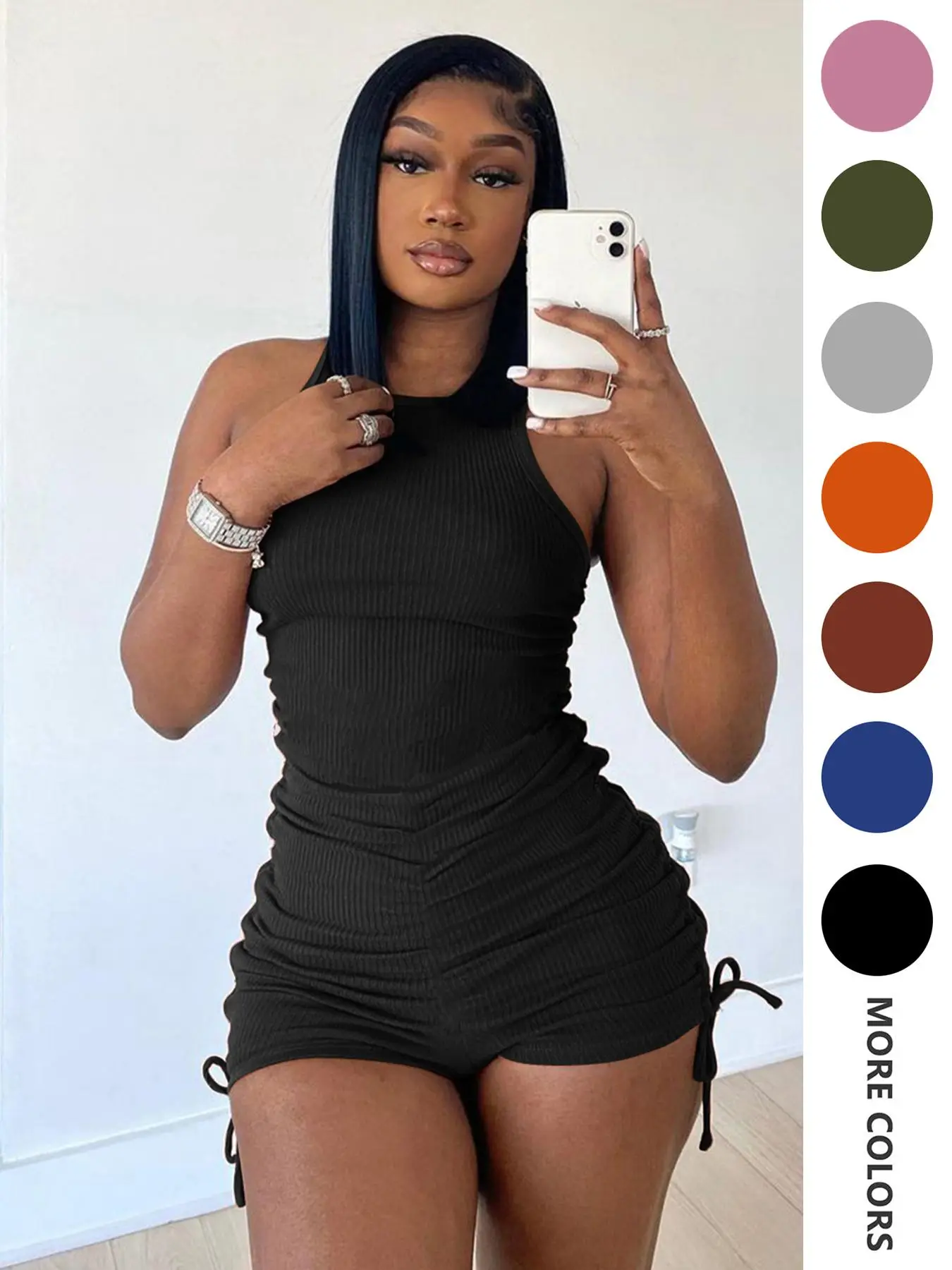 Women's Solid Ruched Drawstring Skinny Tank Romper, Minimalist Casual Sleeveless Round Neck Romper for Daily Outdoor Wear, Ladies Summer Clothes