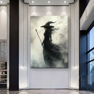 1 Piece Vintage Witch Canvas Art with Wooden Frame - Gothic Horror Style Wall Decoration, Mysterious Woman Designed with Flowing Robe, Dark Elegance for Living Room, Bedroom, Home Office - Vintage Halloween Poster, Halloween Decoration Gift Hanging