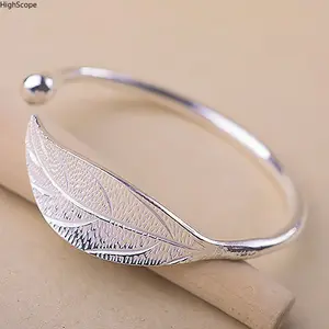 Dainty Leaf Open Silver Bangle for Women - Adjustable Minimalist Leaf Bracelet Jewelry
