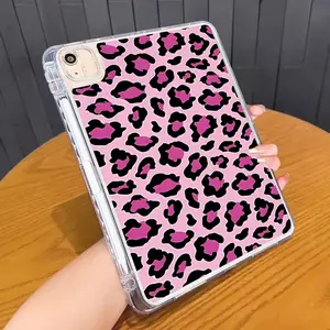 Transparent Tablet Case with Pink Base Leopard Print Pattern, built-in pencil storage slot, made of soft TPU material. Compatible with iPad Air 4/5/6, 2024 11-inch iPad Pro, iPad Mini 4/5/6/7, iPad 10th Gen, iPad 9/8/7 series. Features shockproof