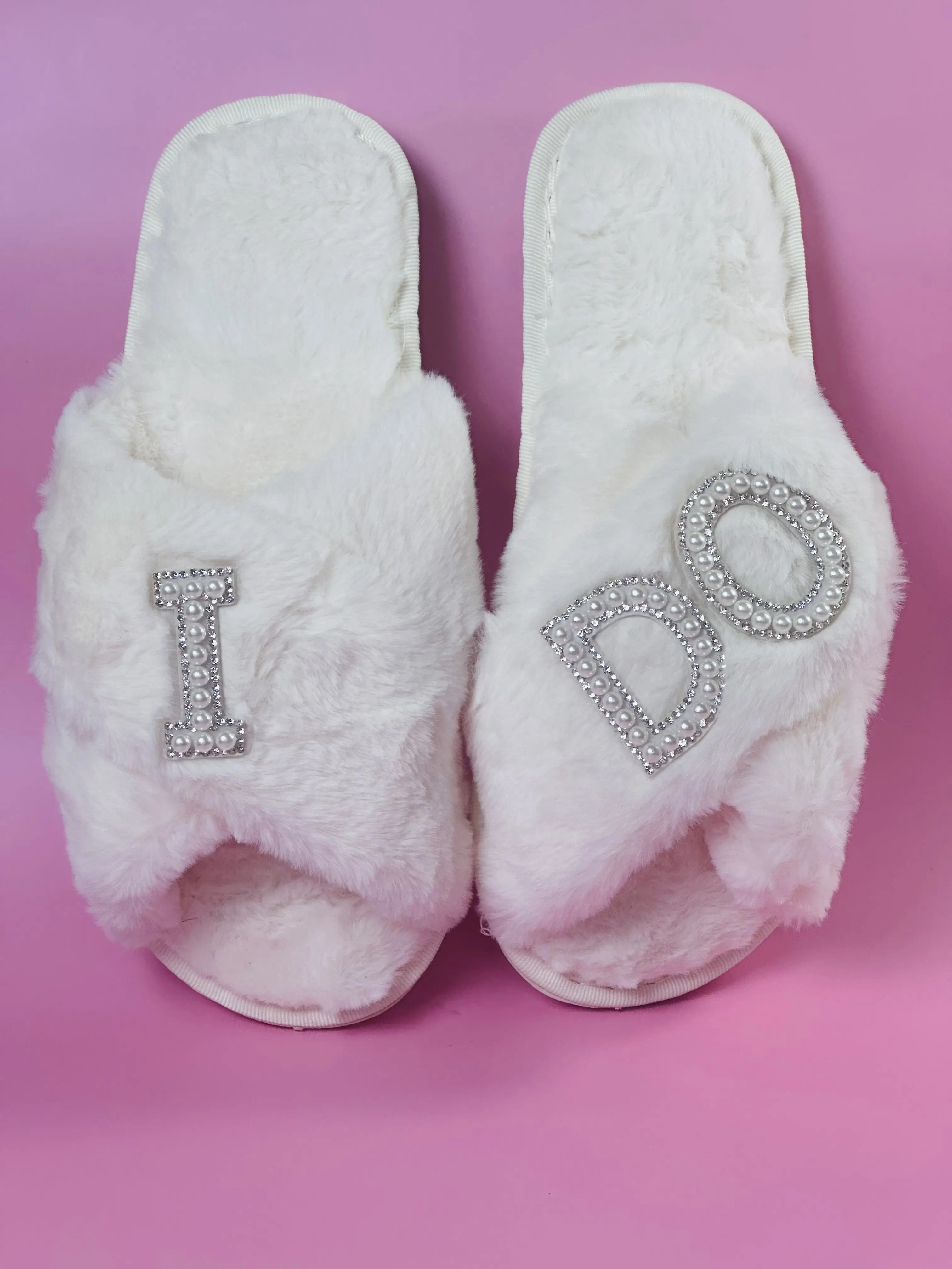 Bridal Fluffy Flats Slip-on I Do Pearl design comfortable cozy sandals wedding