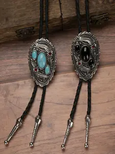 Vintage Turquoise Agate Bolo Tie, Western Cowboy Style Braided Leather Cord, Unique Personalized Accessory, Men's Fashion Jewelry