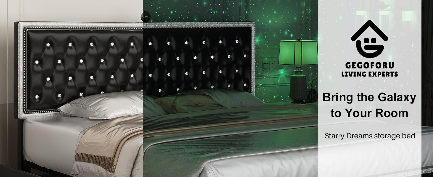 GEGOFORU Queen LED Bed Frame with Galaxy Projector & Bluetooth Speakers, RGB Lights, USB Charging, 4 Storage Drawers, Velvet Upholstered Platform Bed, No Box Spring Needed – White