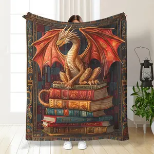 Dragon & Book Pattern Blanket, 1 Count Soft Breathable Lightweight Throw Blanket, Air-conditioned Room Blanket, Warm Nap Blanket for Home & Office