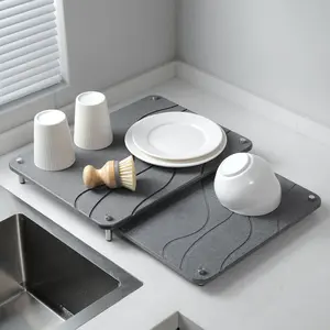 2PCs Large Drying Stone for Kitchen Counter, Stone Dish Drying Mat for Kitchen Counter, Quick Dry Mat with Non-slip Feet