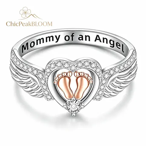 Women's Elegant Sterling Silver Angel Wing Heart Ring - Miscarriage Memorial Jewelry with Footprint, Engraved Text, Unique Mom Gifts for Women, Adults Female Accessories, Gifts for Adults