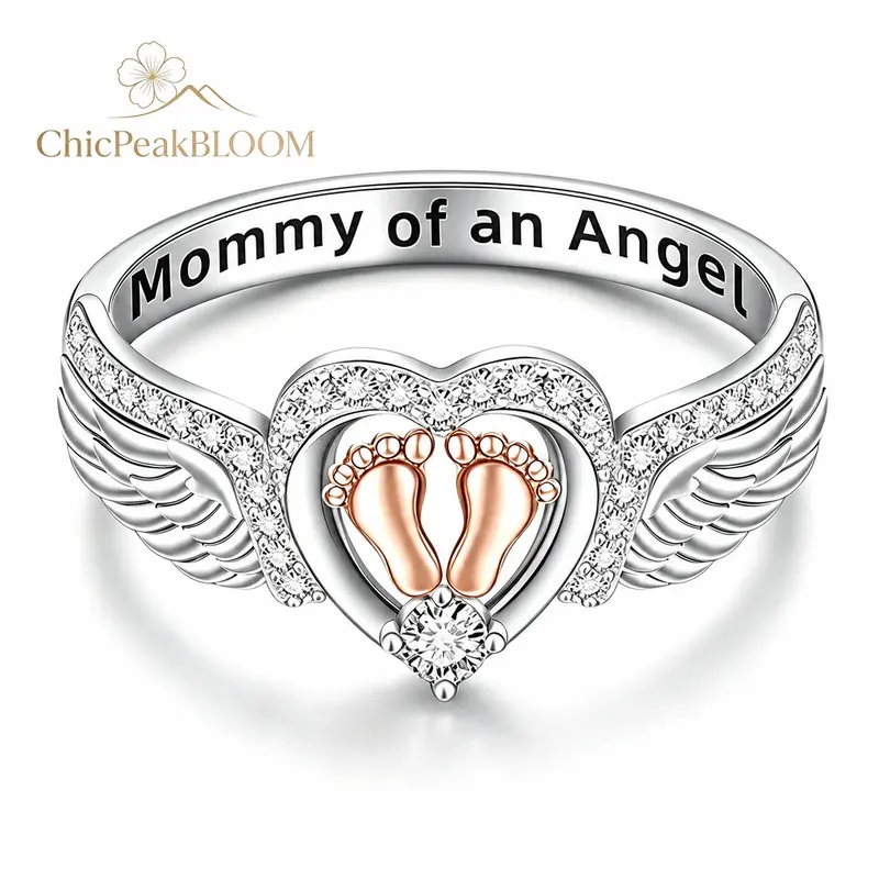 Women's Elegant Sterling Silver Angel Wing Heart Ring - Miscarriage Memorial Jewelry with Footprint, Engraved Text, Unique Mom Gifts for Women, Adults Female Accessories, Gifts for Adults
