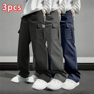 3-Pack，Men’s Multi-Pocket Work Pants, 3-Pack – Drawstring Waist, Multiple Pockets, Suitable for Hiking and Everyday Comfort, Durable and Comfortable Wear, Outdoor/Casual Sports Pants, Available in Various Colors