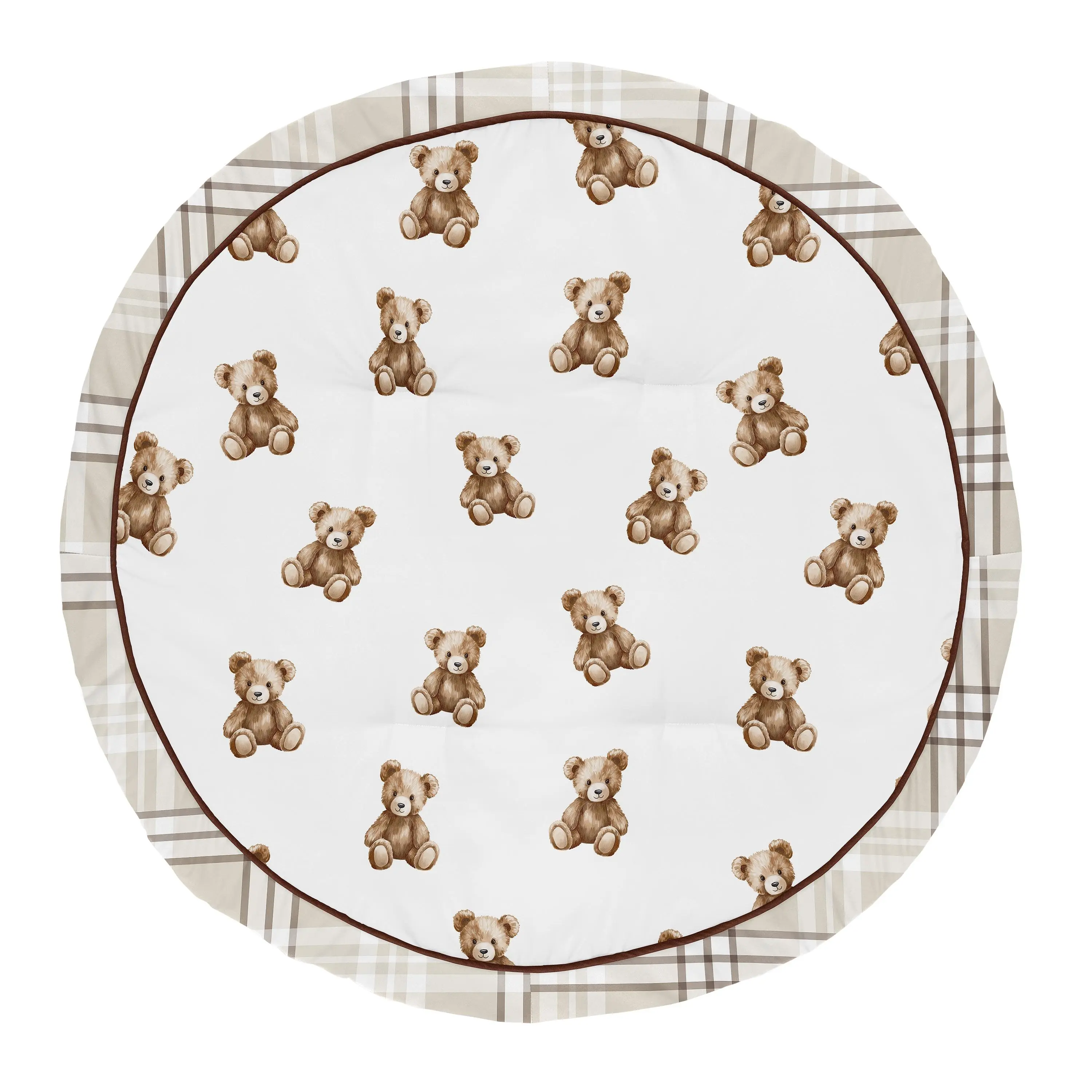 Sweet Jojo Designs Baby Play Mat (Boho Teddy Bear) for Boys/Girls, Infant, Toddler Padded Floor Mat, Tummy Time Activity, Newborn Essentials Round Playmat for Babies (Taupe Plaid & Brown, Watercolor)