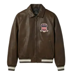 Men’s Vintage Brown Leather Bomber Jacket Classic Aviator Style Zip-Up Jacket