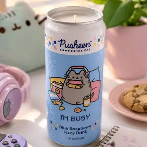Pusheen “I’m Busy” Blue Raspberry Candle | Repurposed Skinny Can Candle | Hand-Poured Soy Wax | Gamer Room Decor | Cozy Self-Care Gift