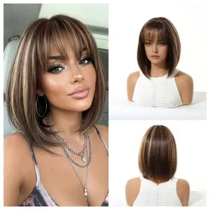 Natural Ombre Brown Highlight Bob Wig with Air Bangs Short Straight Synthetic Full Head Wig for Stylish Looks tiktokshopspringglowup,summervibes summerwins