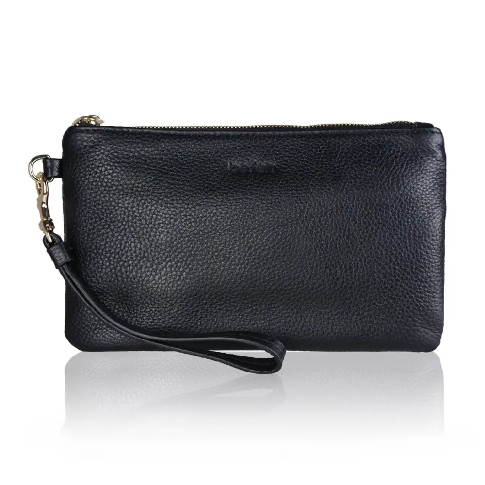 BEFEN Women's Genuine Italian Pebble Leather Zip-Around Wristlet Clutch - Detachable Wrist Strap, Gold Zipper, Retro Holiday Wrist Bag, Minimalist Phone Purse, Elegant Card Holder, Durable Pouch, Card Bag