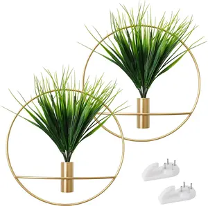 Set of 2 Artificial Plants with Gold Metal Round Hanging Hoop for Wall Decor, Wall-Mounted Green Fake Plants in Metal Hoop for Modern Home Decor, Gold Wall Decor for Bedroom, Living Room