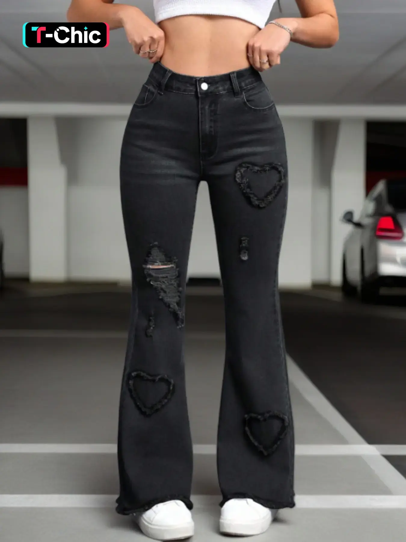 Women's Ripped Flare Leg Fitted Elastic Flattering Denim Woven Jeans, Fashion Basic Casual Streetwear Button Pocket Denim Fabric Pants for Daily Outdoor Wear, Ladies Bottoms for Summer Womenswear