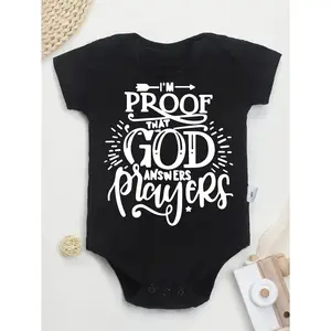 Cute Baby Bodysuit with I M Proof That God Answers Prayers Print Soft Versatile Round Neck Button Detail Regular Fit All Seasons Knitted Fabric Onesie for 0-12 Months