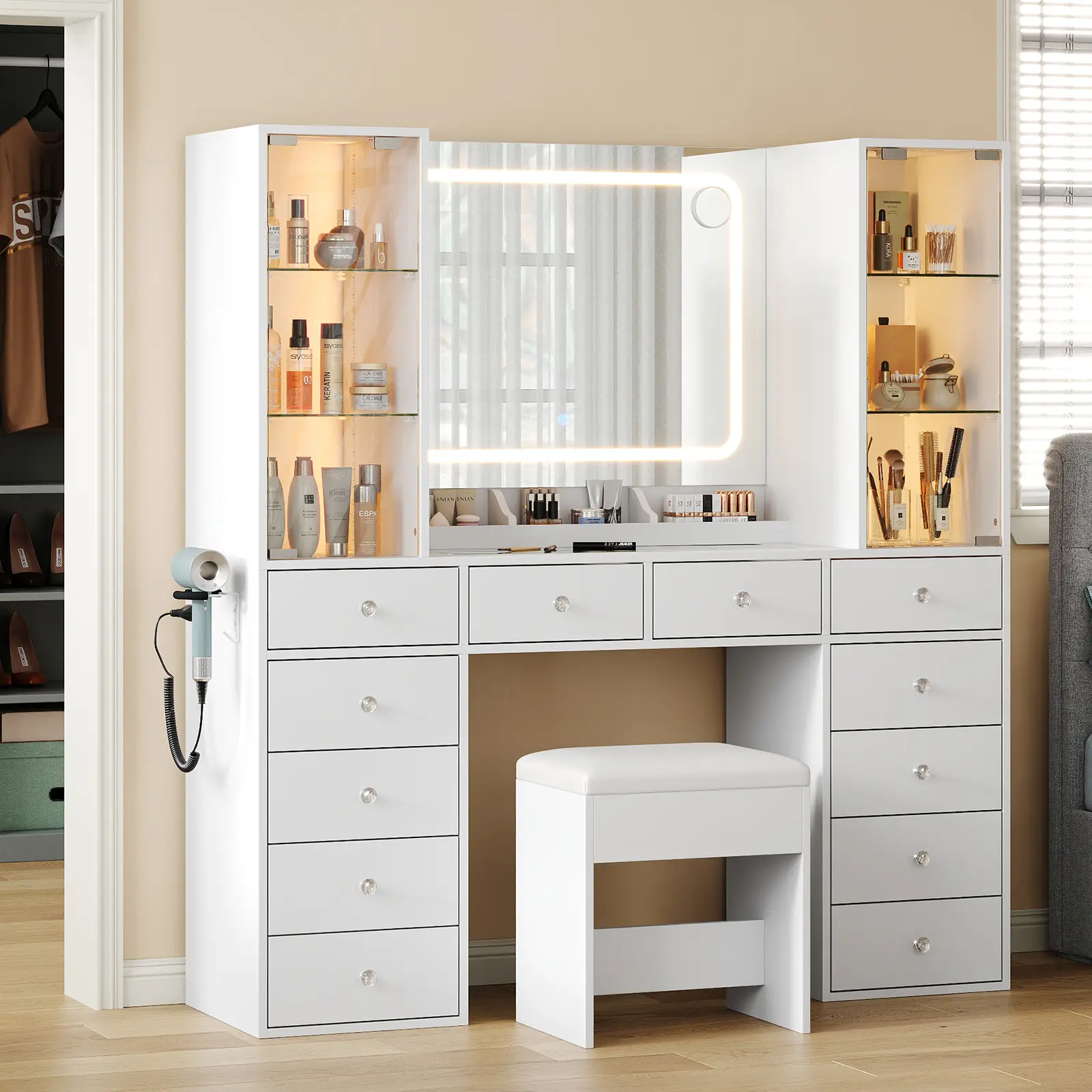 FUSOU 55in LED Makeup Vanity Set - LED Vanity Dresser with 12 Drawers, Charging Station, 2 Glass Cabinets, Glass Top, Chair, 3 Lighting Modes, Adjustable Brightness (2-Package Shipping) for Bedroom Decor, Gifting, Storage