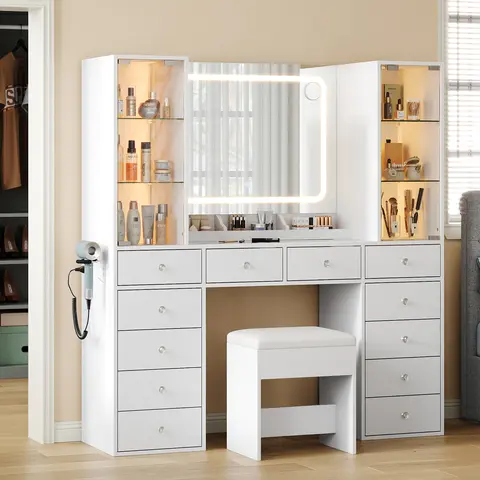 [Shipping by 2 Packages] FUSOU 55'' Rectangular Sturdy LED Luxury Makeup Vanity Set with Mirror - Glass Top Dresser, 12 Drawers, Charging Station, 2 Glass Cabinets, Chair, 3 Lighting Modes, Adjustable Brightness for Bedroom Decor, Makeup Organization