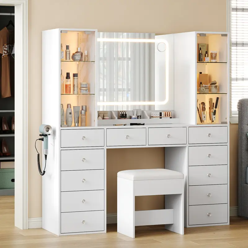 [Shipping by 2 Packages] FUSOU 55'' Rectangular Sturdy LED Luxury Makeup Vanity Set with Mirror - Glass Top Dresser, 12 Drawers, Charging Station, 2 Glass Cabinets, Chair, 3 Lighting Modes, Adjustable Brightness for Bedroom Decor, Makeup Organization