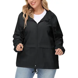 Plus size raincoat women waterproof rain jacket packable outdoor hooded windbreaker