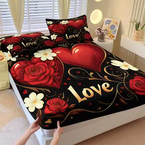 Valentine'S Day Bedding Set, Decorative Bedsheet Sets, 3pcs Heart-shaped Pattern, Love Print, Fitted Sheet Set, Perfect for Girl'S Or Couple'S Bedroom DéCor, Soft and Comfortable, Includes 1 Fitted Sheet and 2 Pillowcases