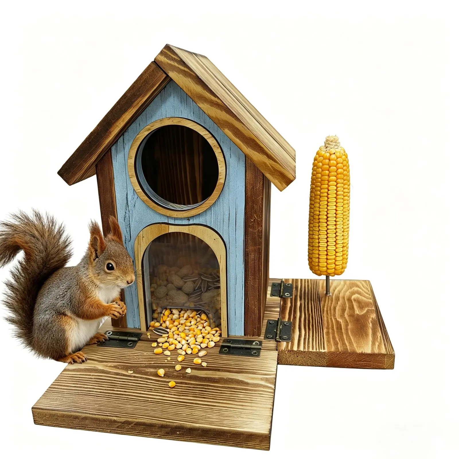 Squirrel Feeder with Double Tray & Transparent Window, Squirrel Feeders for Outside, Wooden House Feeder for Tree or Fence - Hold Corn Cob, Peanuts, Sunflower Seeds, Mixed Nuts