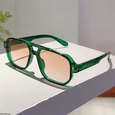 Unisex Oversized Vintage Pilot High Quality Sunglasses - Retro Aviation Vibe, Stylish Sunglasses Frames, Double-Bridge Green Natural Material Frame, Blue Light Blocking Lens
