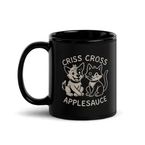 Puppy’s Love Criss Cross Applesauce Mug - 11 oz or 15 oz, Glossy Black Ceramic, Microwave & Dishwasher Safe, Adorable Dog & Cat Artwork, Perfect Gift for Pet Lovers