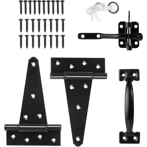 Heavy Duty Gate Latch Door Handle Hardware Kit for Wooden Fence, Self-Closing Gate Latch with Pull String, Decorative Metal Gate Pull Handle, 2 Pack 6in T-Strap Gate Hinges, Black Finish