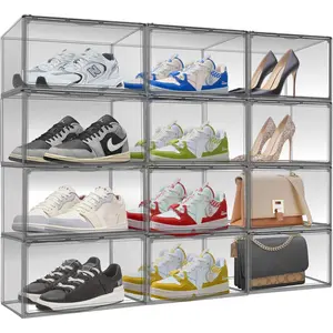 10 Pack Black Shoe Box Clear Shoe Organizer for Closet Acrylic Display Case Transparent Stackable Shoes Box Handbag Organizer with Lid, Size 14