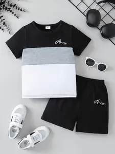 Boys' Colorblock Short Sleeve T-Shirt & Shorts Set, Casual Sporty Style, Breathable Fabric, Perfect for Daily Wear & Home Leisure, Clothing Set