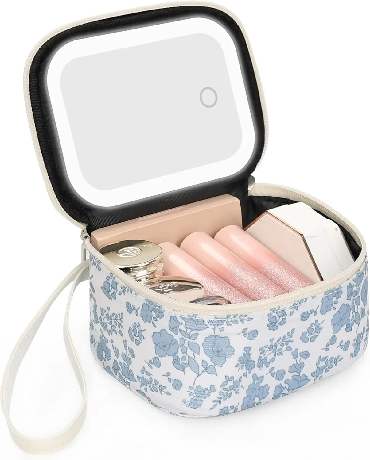 Mini Makeup Bag with LED Mirror, Small Floral Cosmetic Bag | 3 Light Modes, Adjustable Brightness, Rechargeable Mirror, Hands-Free Wrist Strap for Work, Trip, Camping