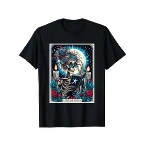 Funny Book Lover Skeleton Reading Tarot Card T-Shirt Trendy Cotton Street Style Comfort Fit Crew Neck Ultra Soft Breathable Moisture Wicking Gift For Men Golf Gift T-Shirt For Men and Women