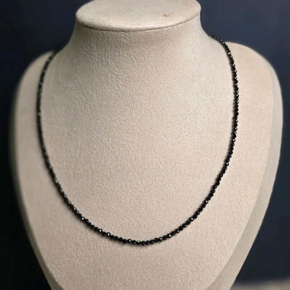 Natural Faceted 2mm Black Spinel Semiprecious Stone Necklace