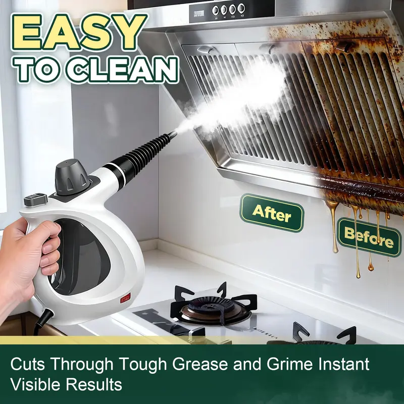 Phueut 1050W 110V Pressurized Handheld Natural Steam Deep Cleaning Machine - Compact Corded Lightweight Multi-Surface Unit for Kitchen, Cars, with 12 Replacement Parts (4 Round Brushes), Child-Safe Cap, Cleaning Supplies Compatible