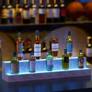 LED Lighted 37 Inch Bar Liquor Bottle Display Shelf, DIY Illuminated with App & Remote Control, 2 Step Holding Bottles for Home Bar, Party Utensils, Wood Stand