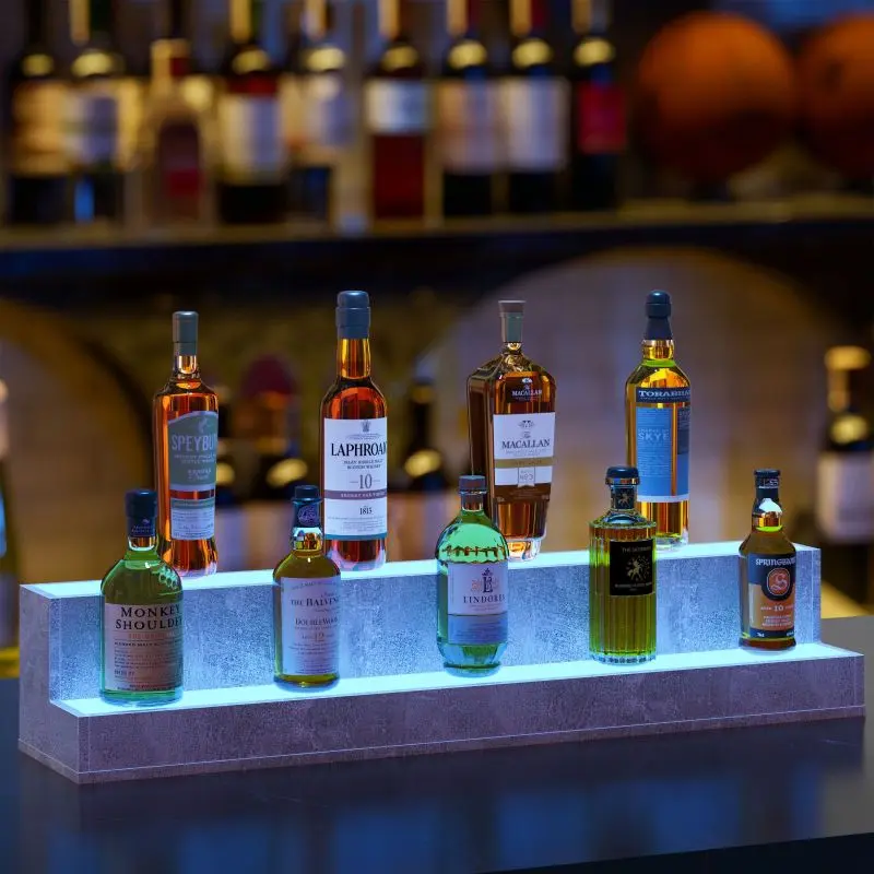 LED Lighted 37 Inch Bar Liquor Bottle Display Shelf, DIY Illuminated with App & Remote Control, 2 Step Holding Bottles for Home Bar, Party Utensils, Wood Stand