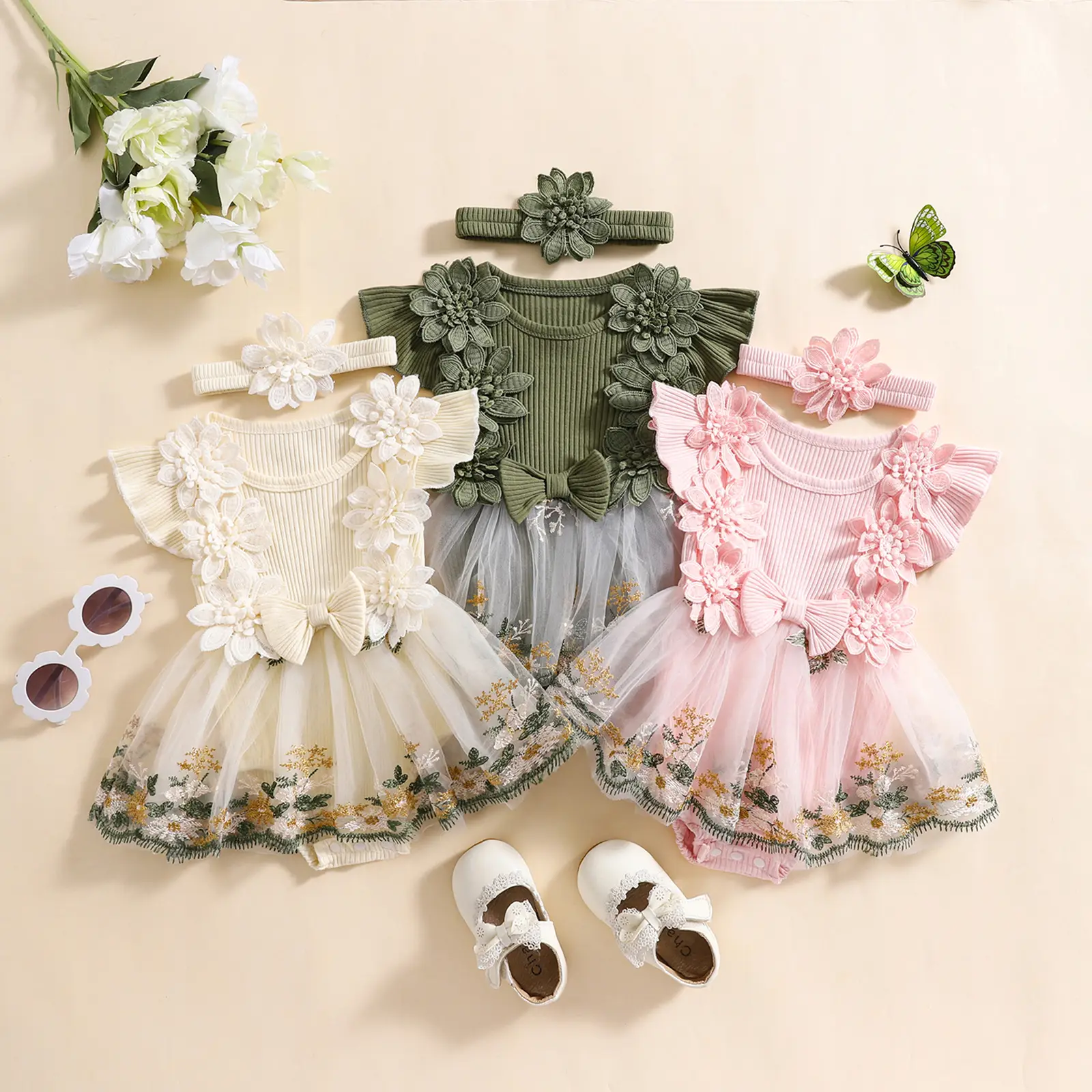 Baby Girl Dress Romper Baby Romper Dress Flowers Embroidery Tulle Skirt Infant Girl Summer Clothes with Headband