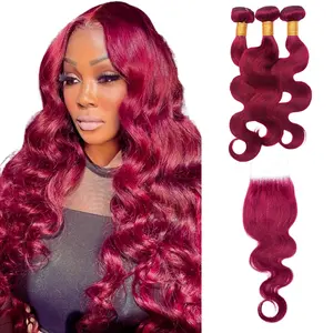 Gefily[14A]Human Hair Bundles with Closure Body Wave 99j Burgundy Bundles with 4X4 Closure 16 18 20+16 Inch 14A Brazilian Raw Human Hair Extensions Wine Red Color Body Wave Quick Weave