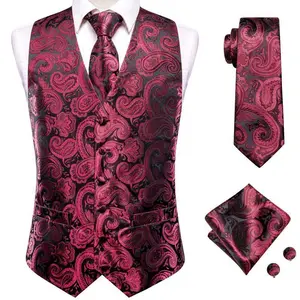 Classic Paisley Waistcoat Men’s Formal Vest, Black/Burgundy Jacquard, for Weddings, Parties, and Proms