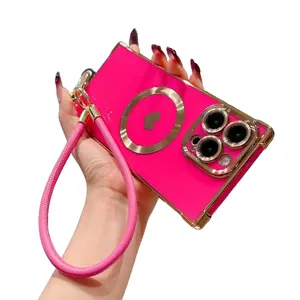 17promaxCase 17Air Right-Angle Magnetic Electroplated Heart Wristband Case for iP16 Pro Max 15 14 13 Pink Anti-Drop Shockproof Protective Casing