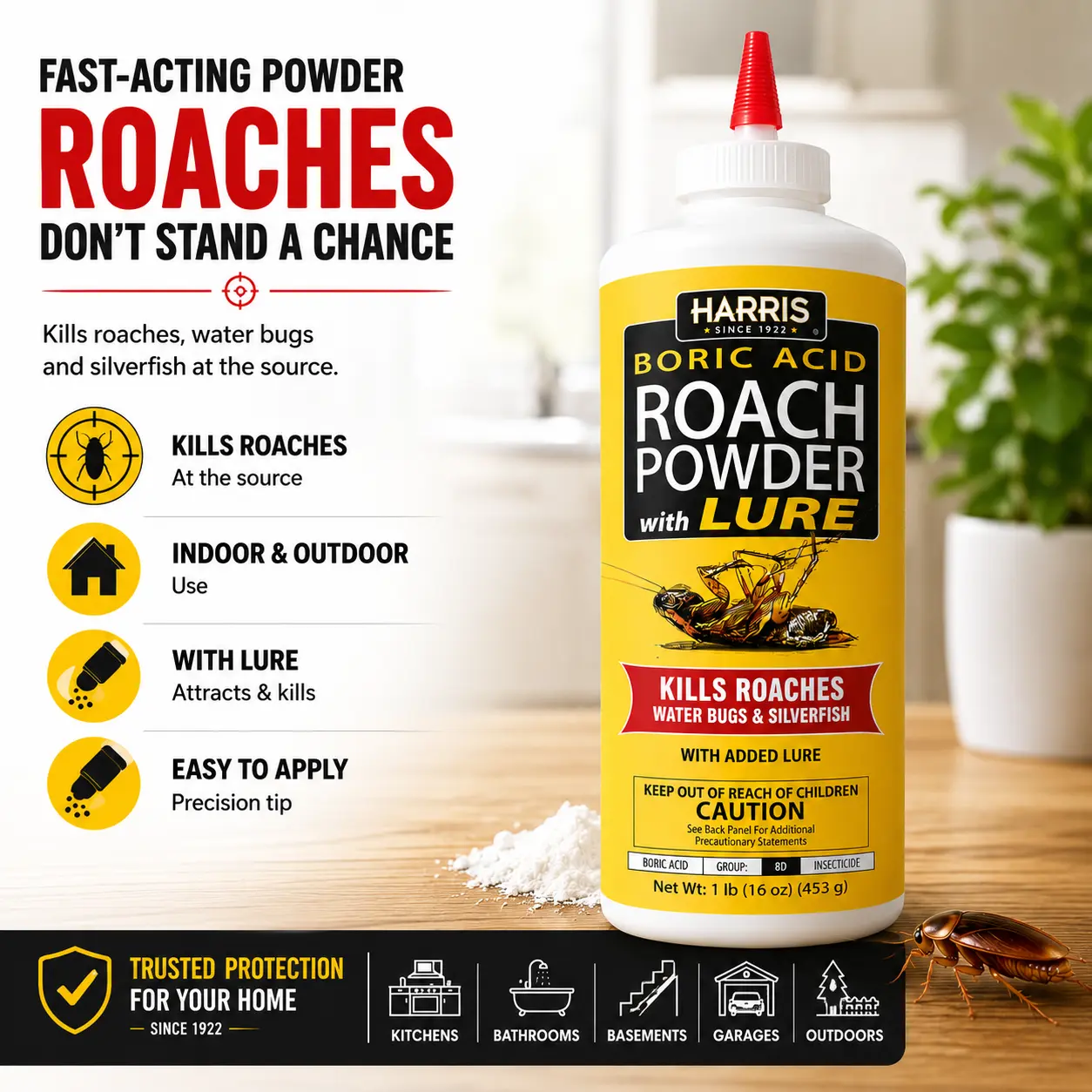 HARRIS Boric Acid Roach & Silverfish Killer Powder 16oz, Effective Insect Pest Control with Lure