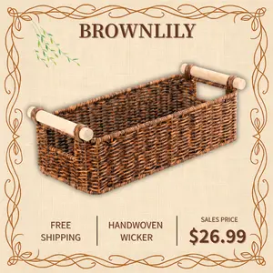 BROWNLILY Rattan toilet tank basket with wooden handles, rectangular wicker bathroom organizer tray for toilet paper, tissues, wipes and essentials, farmhouse toilet tank top storage caddy for small bathroom decor