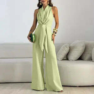 ChicMe Women's V-Neck Halter Ruched Wide Leg Jumpsuit Elegant Tie Waist Overalls